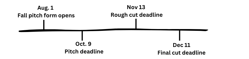 Pitch form opens: August 1, 2026, pitch deadline: Friday, October 9, 2026 Rough cut (first draft of video) deadline: Friday, November 13, 2026 Final cut deadline: Friday, December 11, 2026 